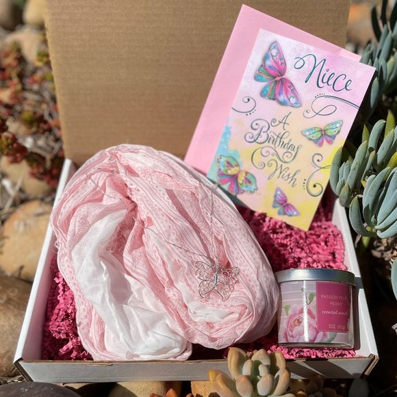Birthday Gift Set Butterfly Necklace Scarf Candle